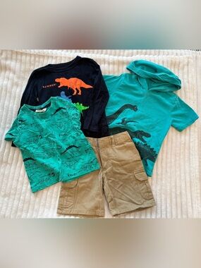 Kids Dinosaur Bundle - Three Shirt Set with Khaki Shorts - Teal & Navy